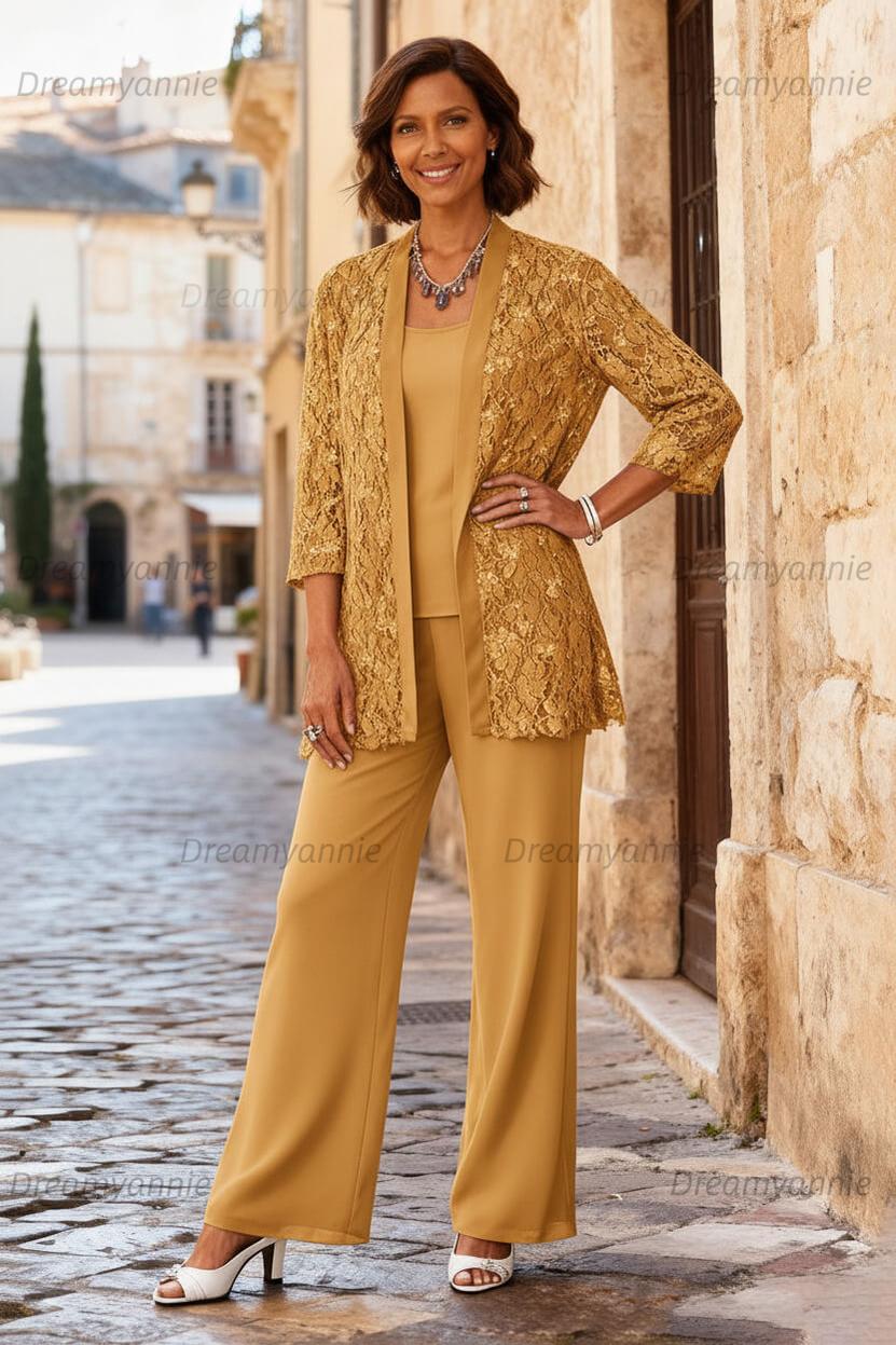 Dreamyannie Light Grey Chiffon Round Neck 3 Piece Mother Of The Bride Pant Suits With Jacket