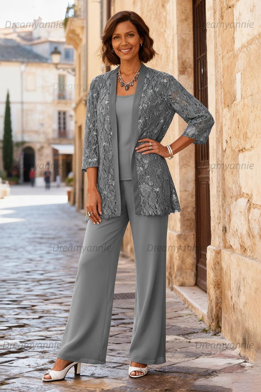 Dreamyannie Light Grey Chiffon Round Neck 3 Piece Mother Of The Bride Pant Suits With Jacket