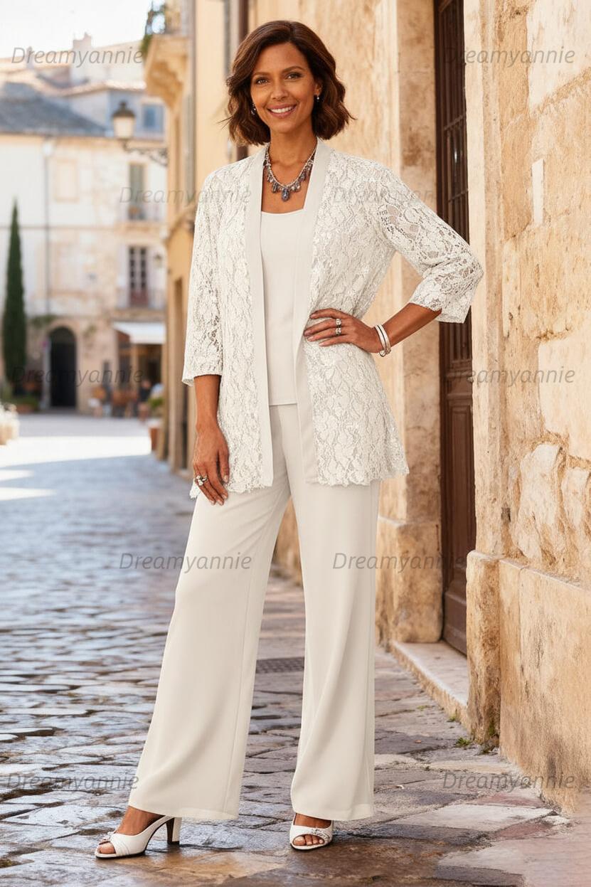 Dreamyannie Light Grey Chiffon Round Neck 3 Piece Mother Of The Bride Pant Suits With Jacket