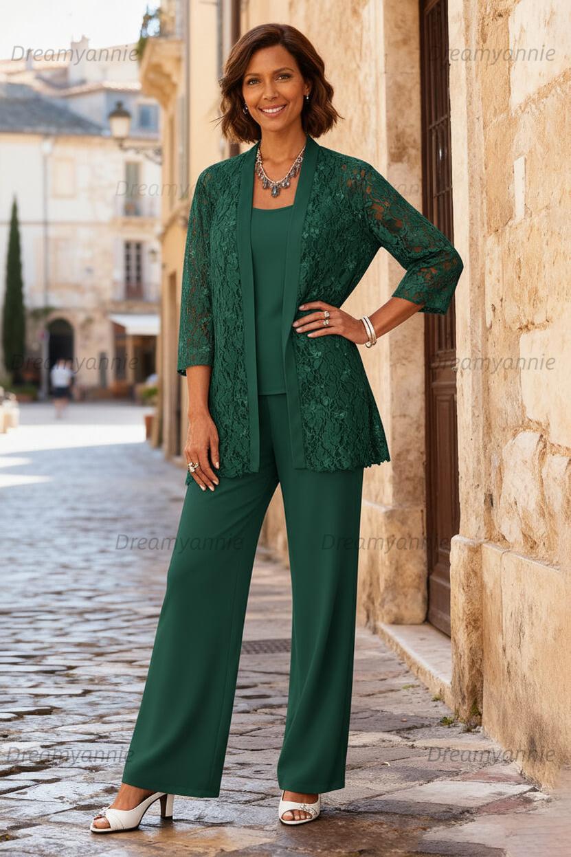 Dreamyannie Light Grey Chiffon Round Neck 3 Piece Mother Of The Bride Pant Suits With Jacket