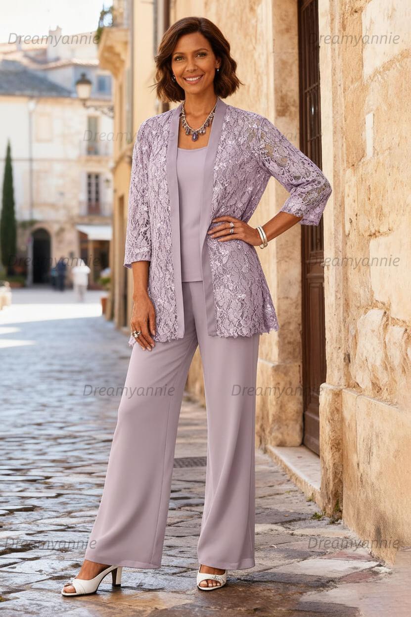Dreamyannie Light Grey Chiffon Round Neck 3 Piece Mother Of The Bride Pant Suits With Jacket