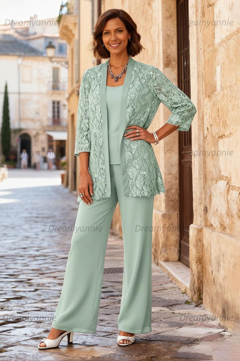 Dreamyannie Light Grey Chiffon Round Neck 3 Piece Mother Of The Bride Pant Suits With Jacket