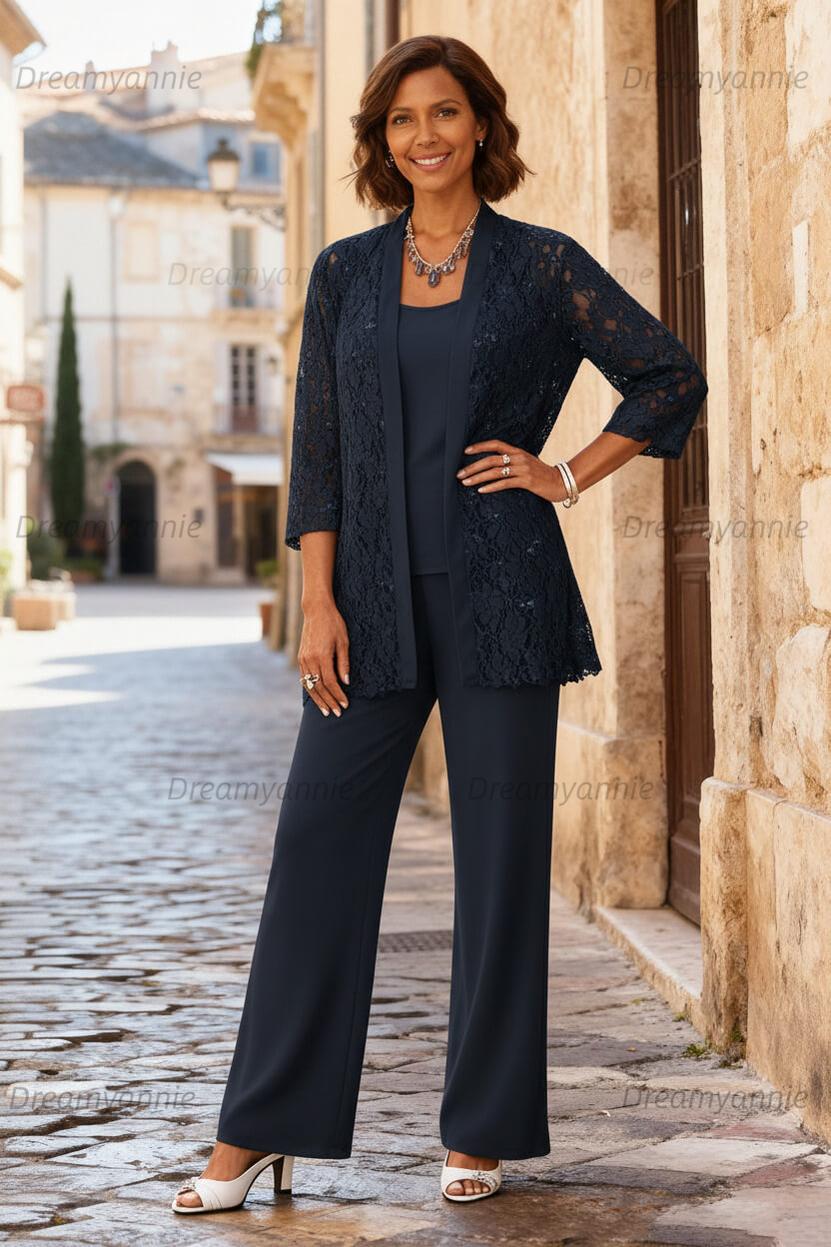 Dreamyannie Light Grey Chiffon Round Neck 3 Piece Mother Of The Bride Pant Suits With Jacket