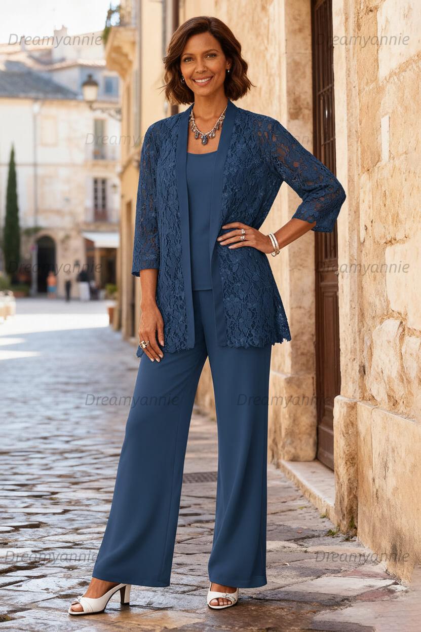 Dreamyannie Light Grey Chiffon Round Neck 3 Piece Mother Of The Bride Pant Suits With Jacket