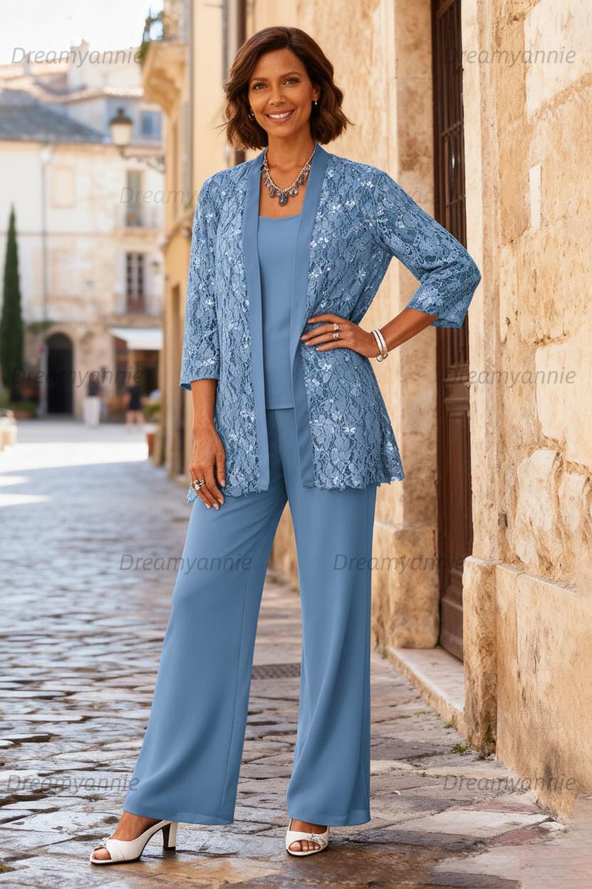 Dreamyannie Light Grey Chiffon Round Neck 3 Piece Mother Of The Bride Pant Suits With Jacket