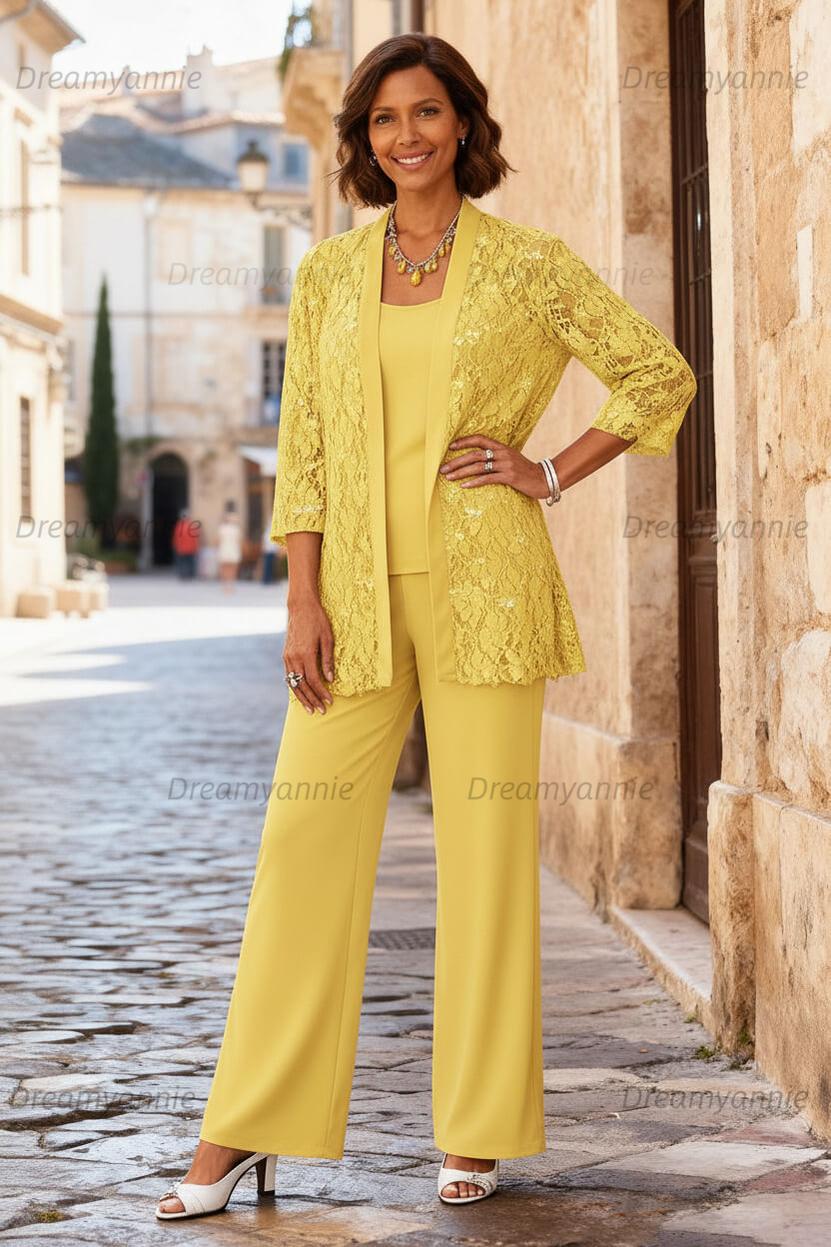 Dreamyannie Light Grey Chiffon Round Neck 3 Piece Mother Of The Bride Pant Suits With Jacket