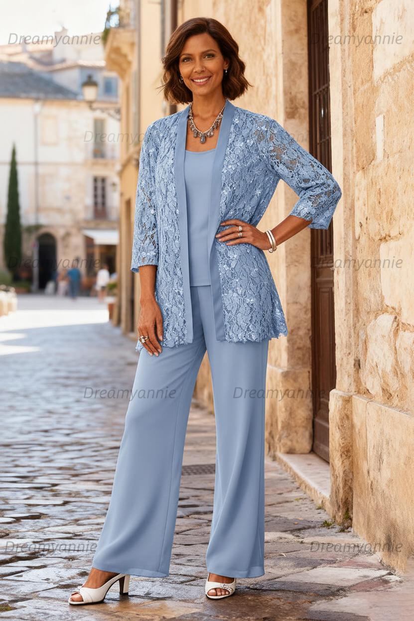Dreamyannie Light Grey Chiffon Round Neck 3 Piece Mother Of The Bride Pant Suits With Jacket