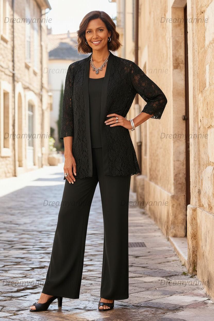 Dreamyannie Light Grey Chiffon Round Neck 3 Piece Mother Of The Bride Pant Suits With Jacket