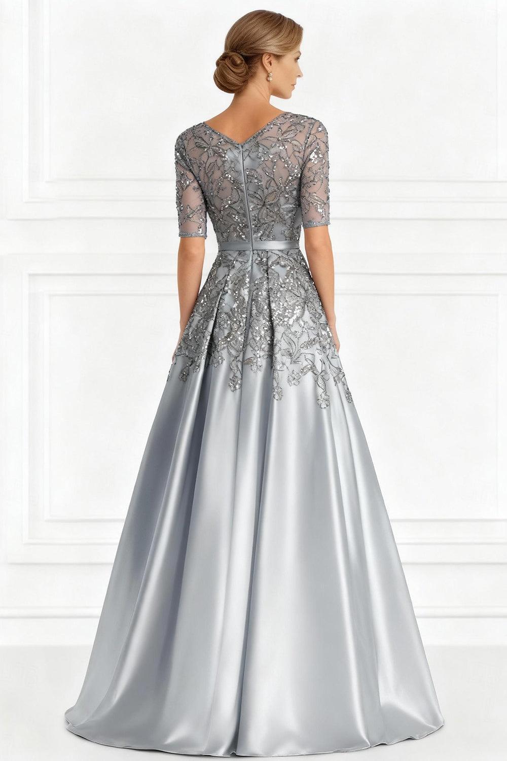 Dreamyannie Light Grey Floral A Line Satin Floor Length Mother Of The Bride Drees With Lace