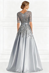 Dreamyannie Light Grey Floral A Line Satin Floor Length Mother Of The Bride Drees With Lace