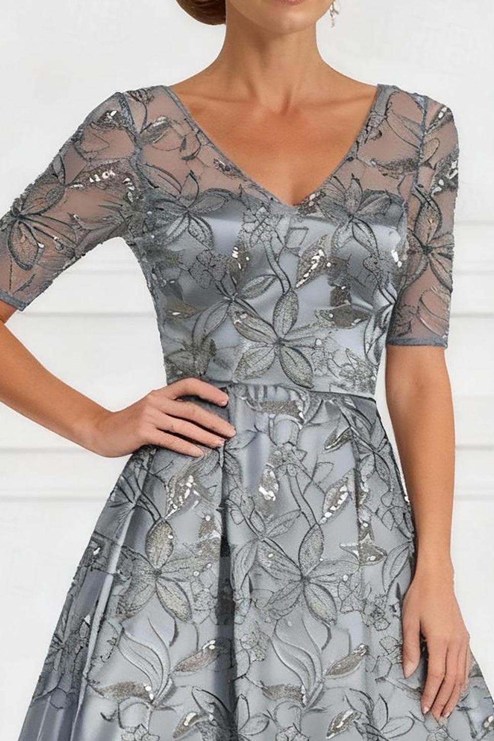 Dreamyannie Light Grey Floral A Line Satin Floor Length Mother Of The Bride Drees With Lace