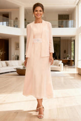 Dreamyannie Light Pink Chiffon 2 Piece Long Mother Of The Bride Dress With Jacket