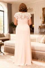 Dreamyannie Light Pink Chiffon Floor Length Plus Size Mother Of The Bride Dress With Lace