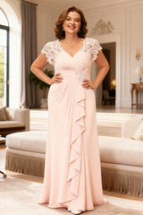 Dreamyannie Light Pink Chiffon Floor Length Plus Size Mother Of The Bride Dress With Lace