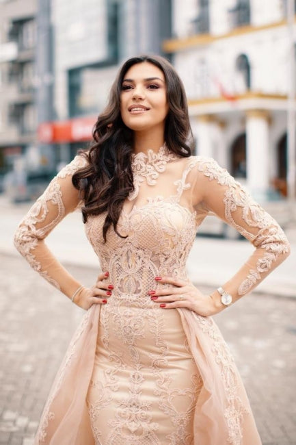 Dreamyannie Light Pink Prom Dress Lace High Neck Long Sleeve Formal Dress With Detachable Panel Train