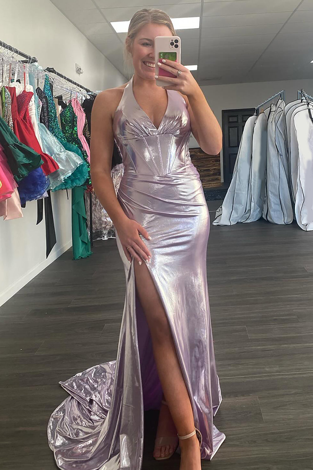 Dreamyannie Light Pink Prom Dress Metallic Corset Long Formal Dress With Slit