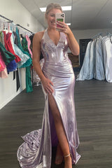 Dreamyannie Light Pink Prom Dress Metallic Corset Long Formal Dress With Slit