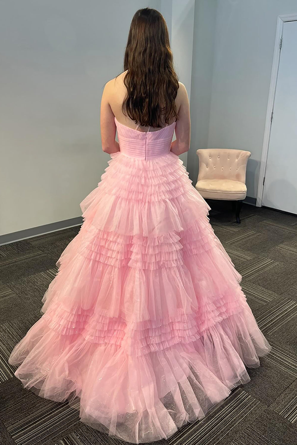 Dreamyannie Light Pink Prom Dress Tiered A-Line One Shoulder Long Formal Dress