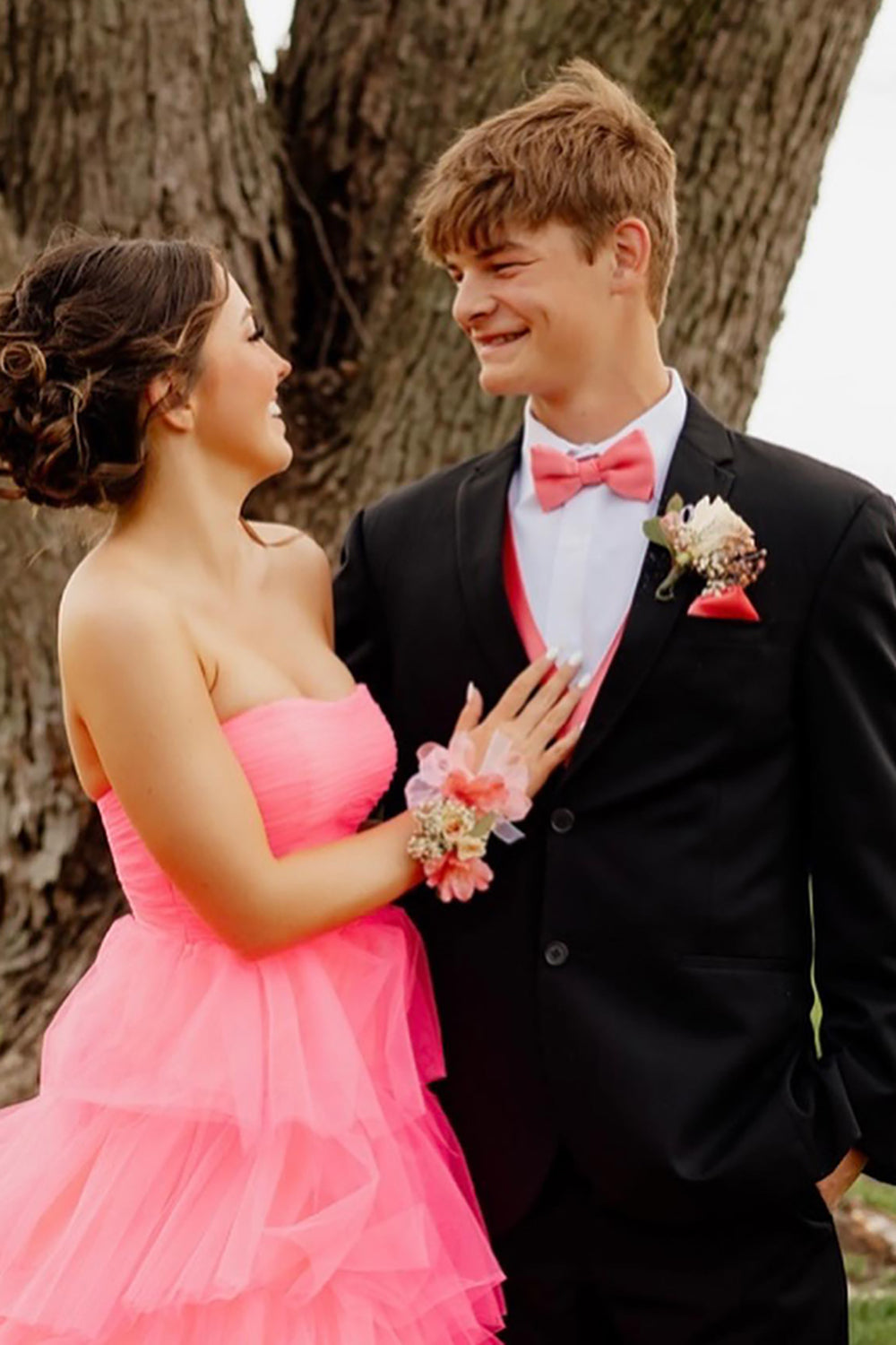 Dreamyannie Light Pink Prom Dress Tulle Tiered A-Line Sweetheart Long Formal Dress