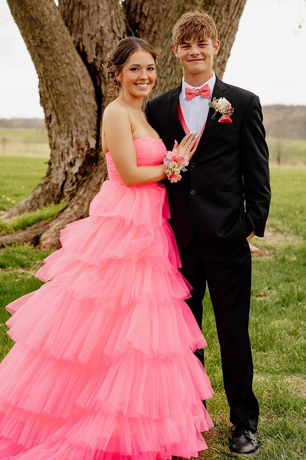 Dreamyannie Light Pink Prom Dress Tulle Tiered A-Line Sweetheart Long Formal Dress