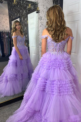Dreamyannie Lilac Prom Dress A-Line Ruffled Corset Long Formal Dress