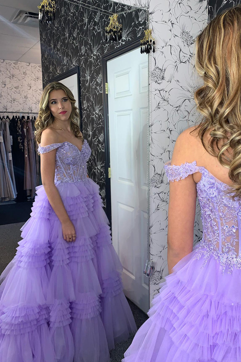 Dreamyannie Lilac Prom Dress A-Line Ruffled Corset Long Formal Dress