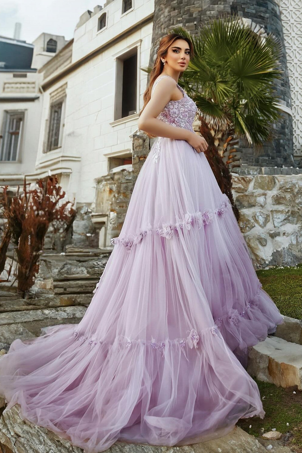 Dreamyannie Lilac Prom Dress A Line Spaghetti V Neck Sleeveless Beaded Tulle Formal Dress With Appliques