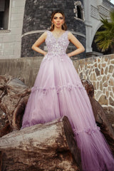 Dreamyannie Lilac Prom Dress A Line Spaghetti V Neck Sleeveless Beaded Tulle Formal Dress With Appliques
