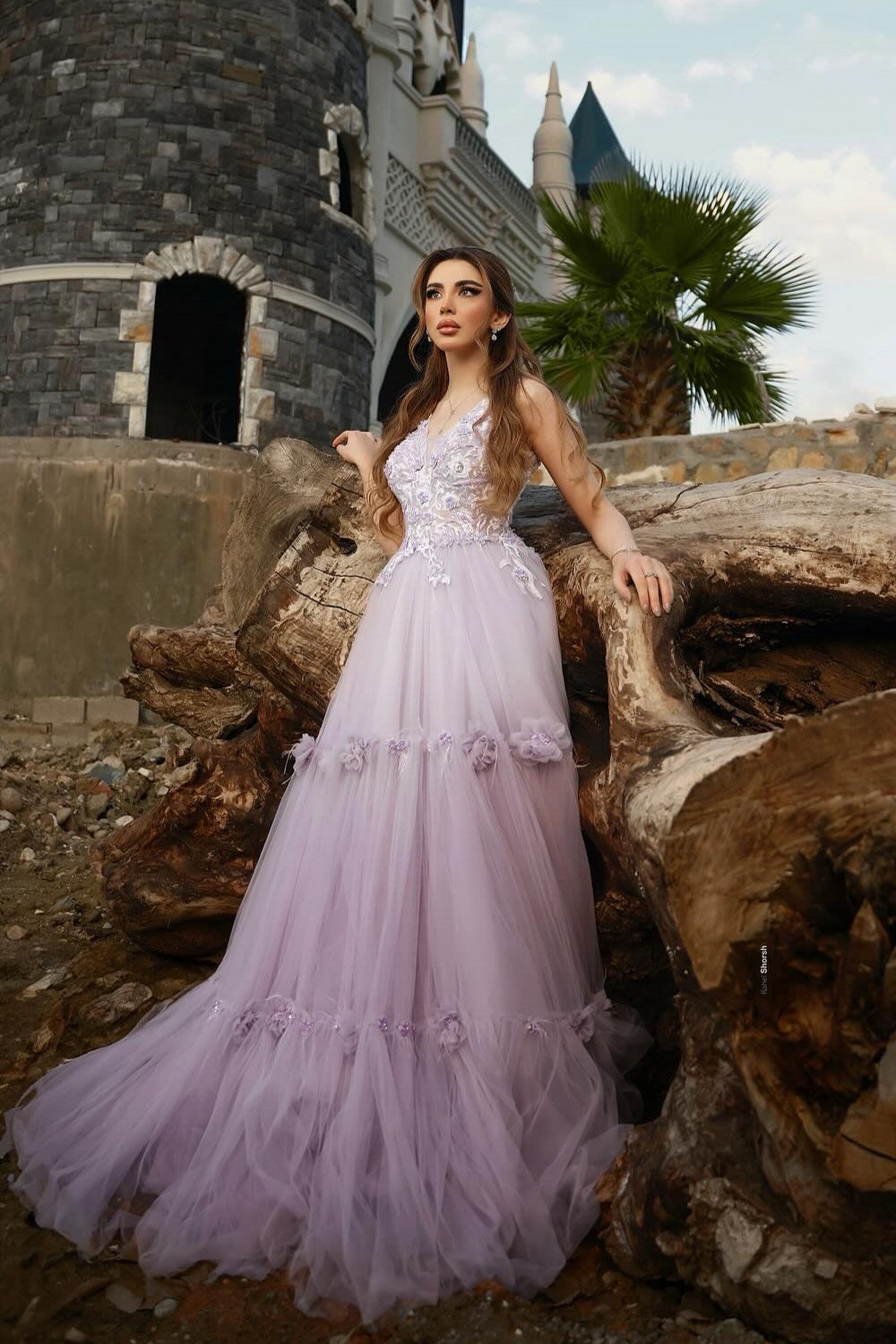 Dreamyannie Lilac Prom Dress A Line Spaghetti V Neck Sleeveless Beaded Tulle Formal Dress With Appliques