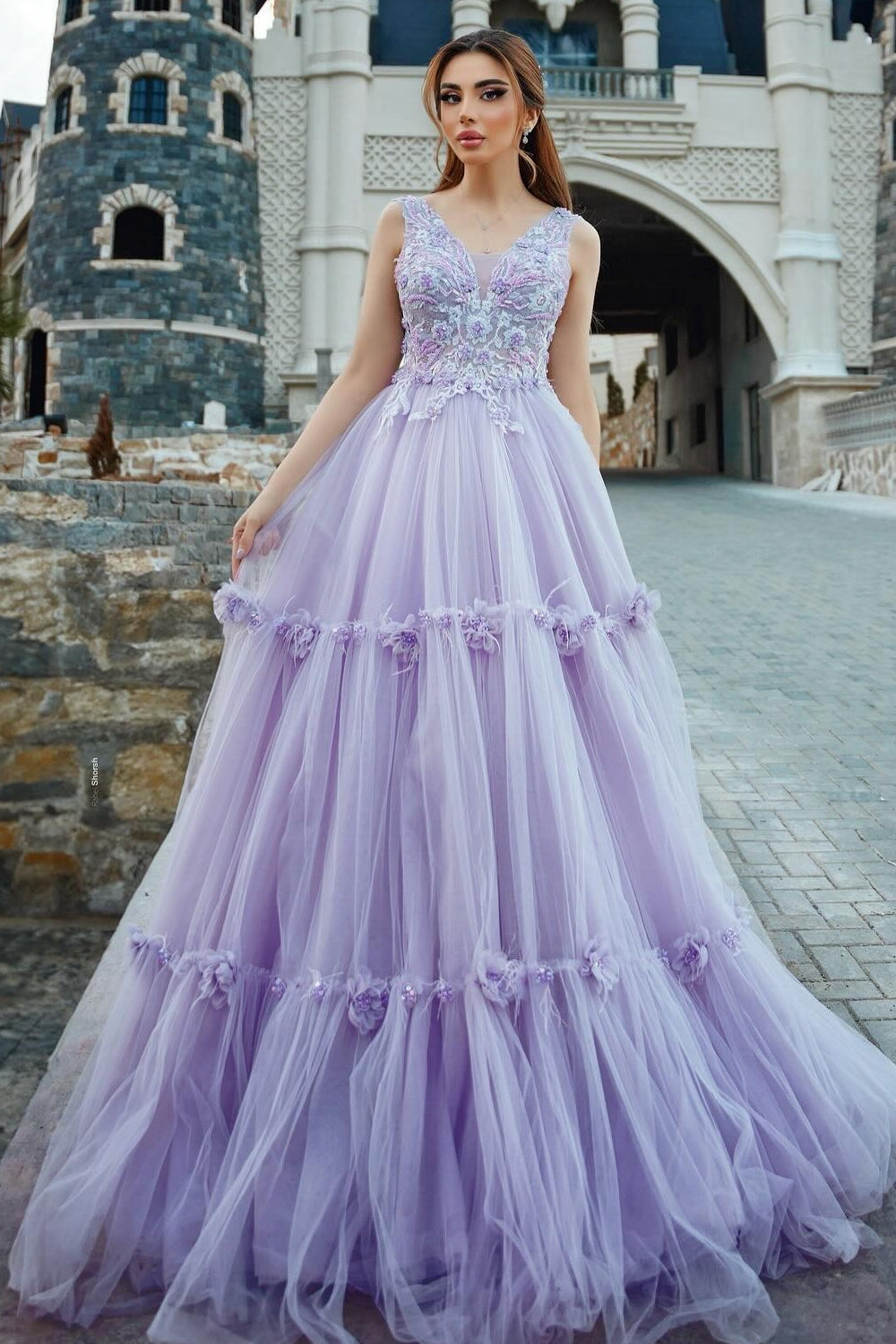 Dreamyannie Lilac Prom Dress A Line Spaghetti V Neck Sleeveless Beaded Tulle Formal Dress With Appliques