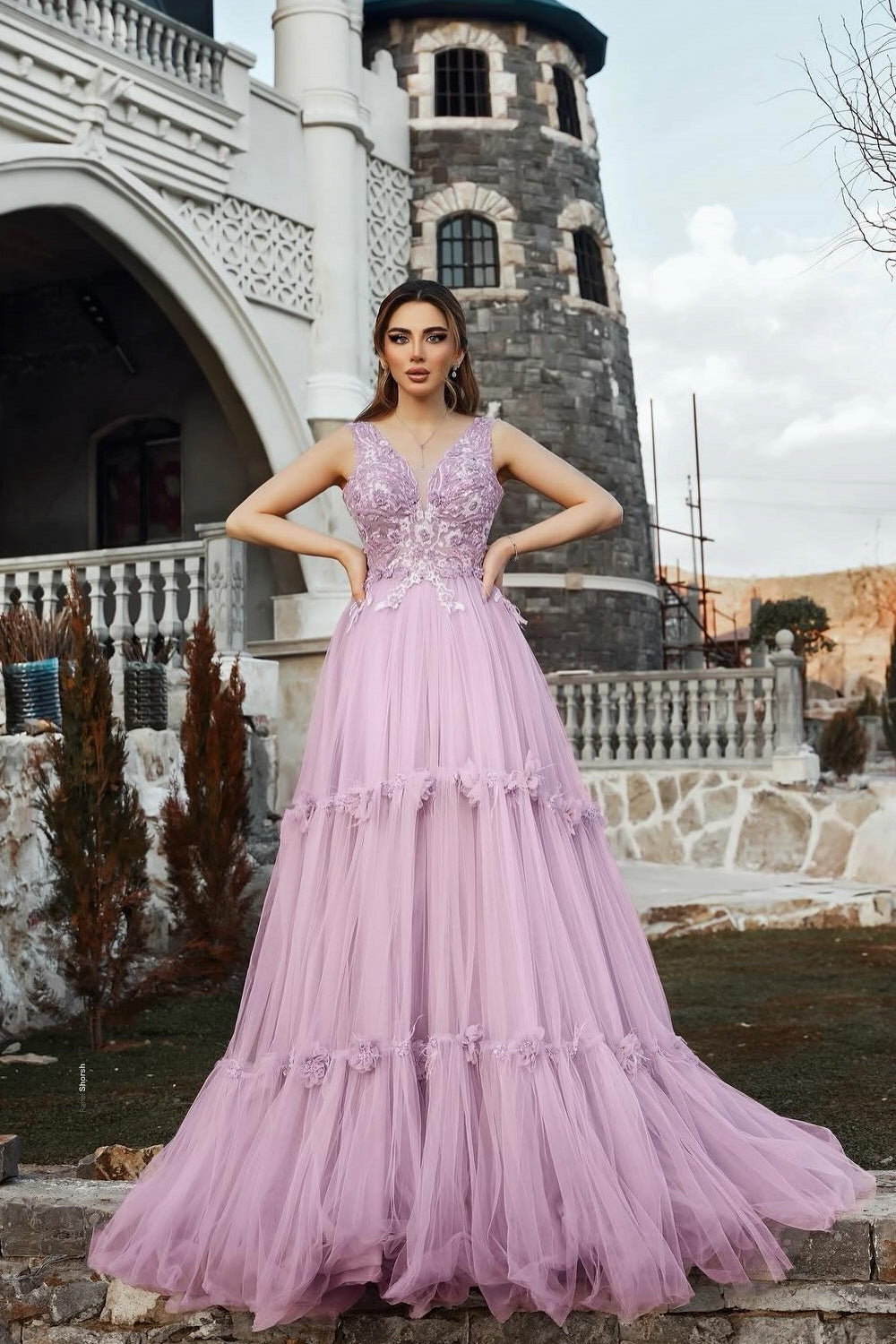 Dreamyannie Lilac Prom Dress A Line Spaghetti V Neck Sleeveless Beaded Tulle Formal Dress With Appliques