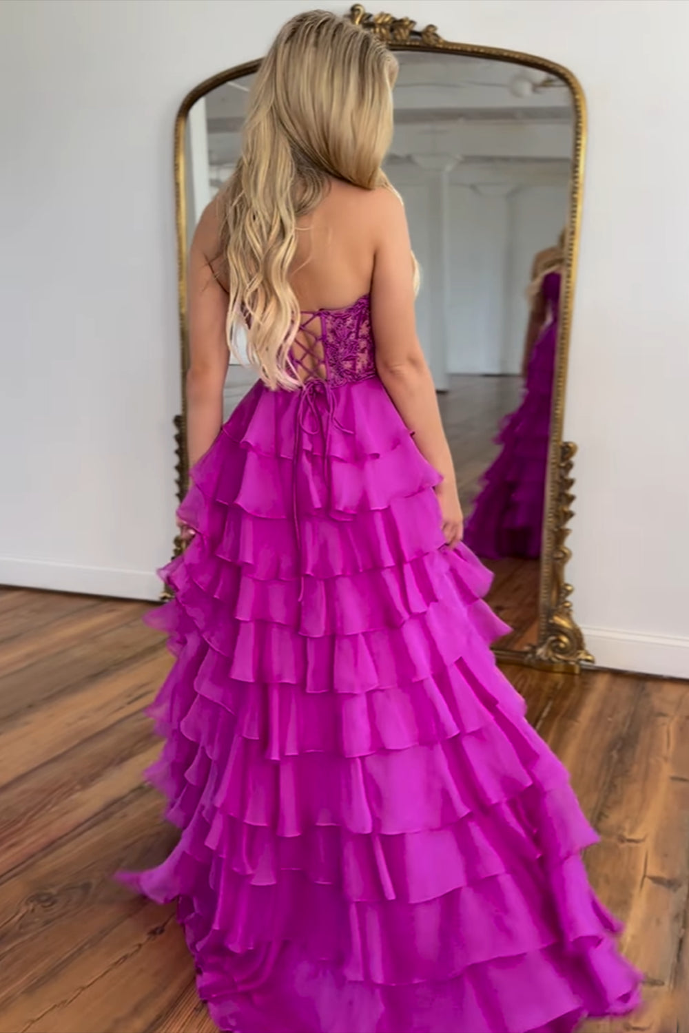 Dreamyannie Lilac Prom Dress A-Line Tiered Chiffon Long Formal Dress With Lace