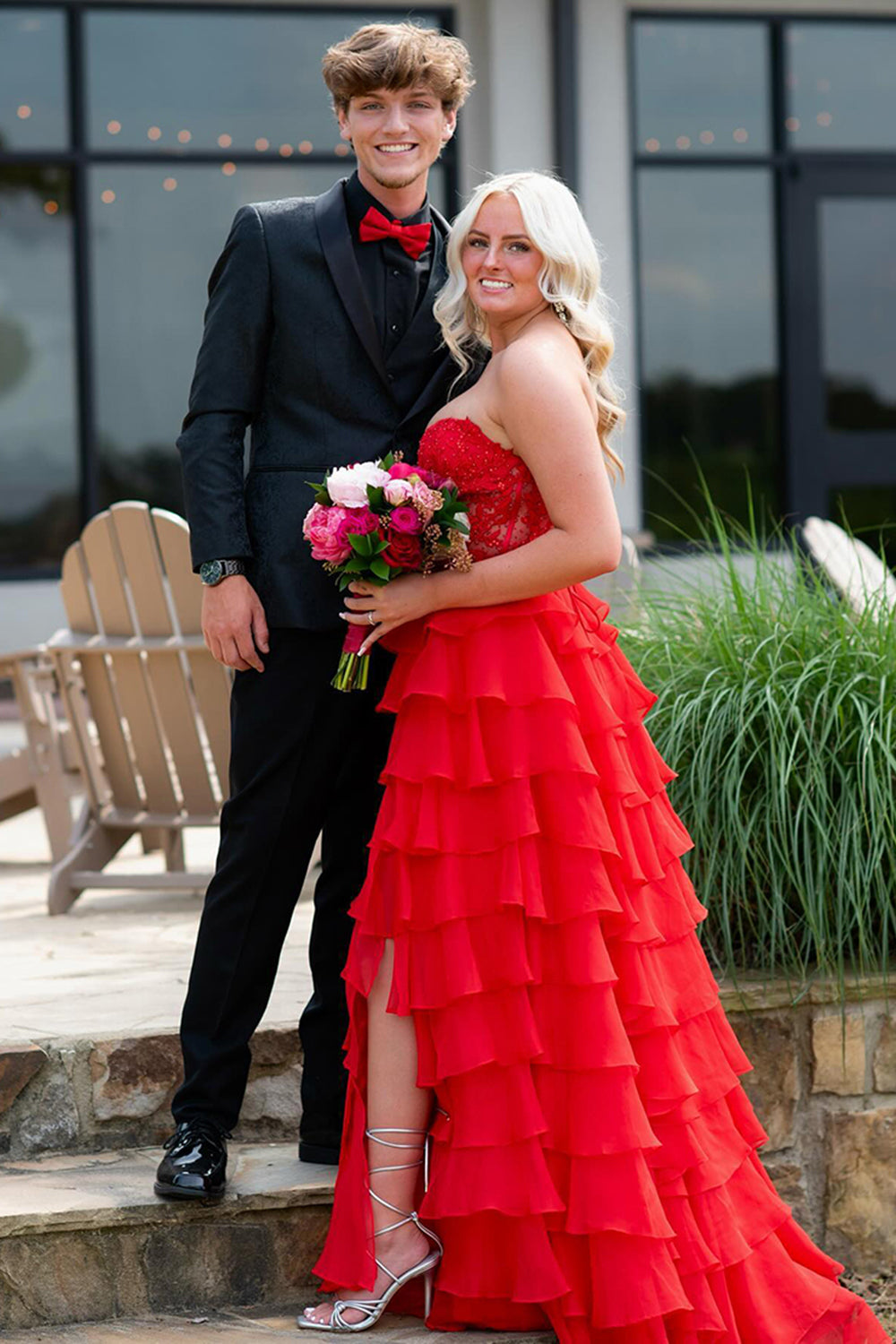 Dreamyannie Lilac Prom Dress A-Line Tiered Chiffon Long Formal Dress With Lace