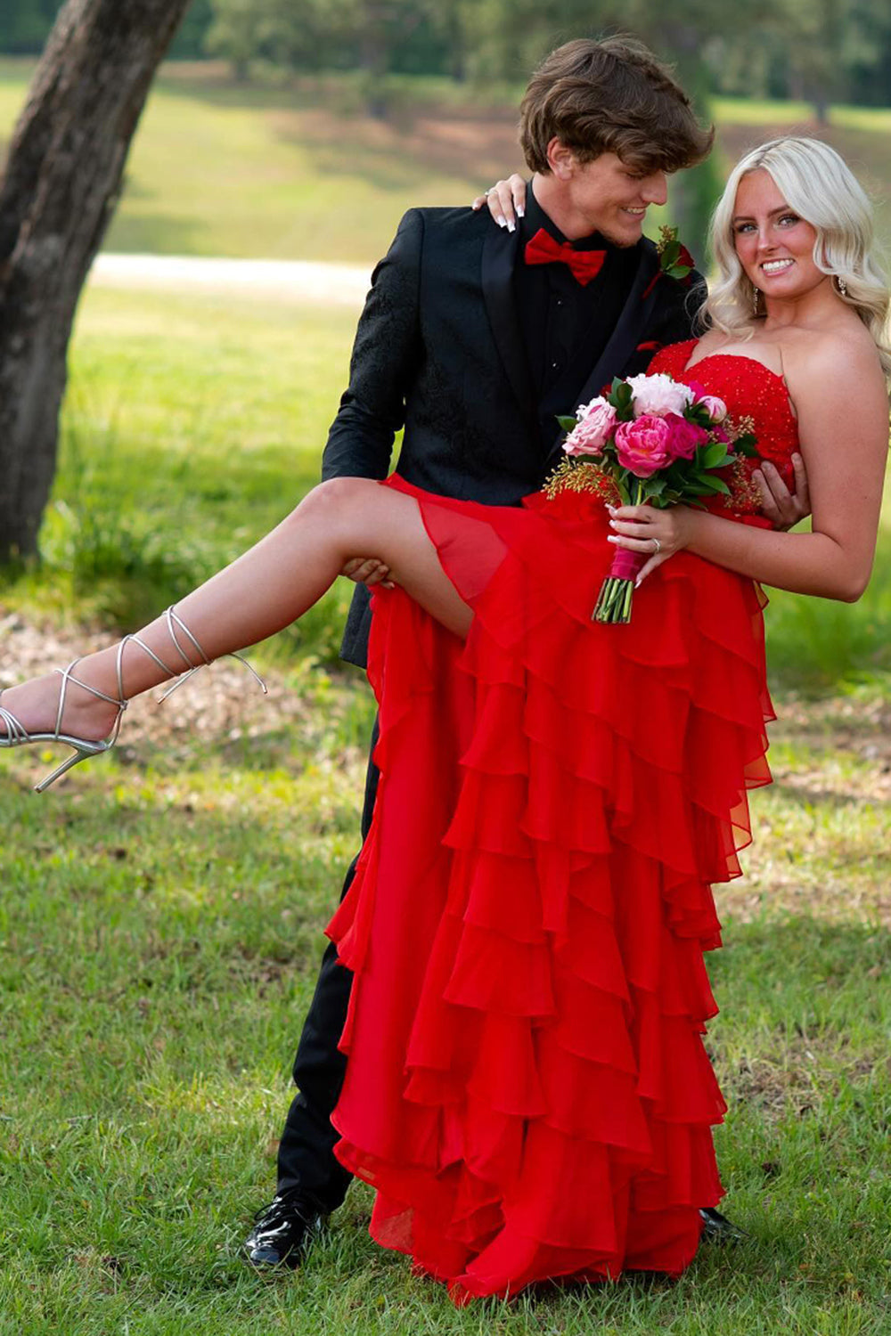 Dreamyannie Lilac Prom Dress A-Line Tiered Chiffon Long Formal Dress With Lace