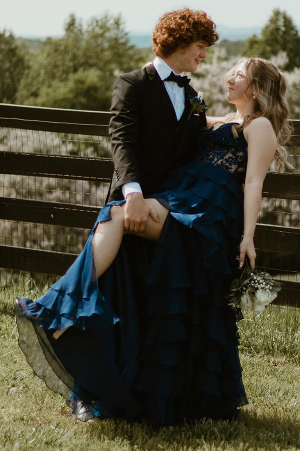 Dreamyannie Lilac Prom Dress A-Line Tiered Chiffon Long Formal Dress With Lace