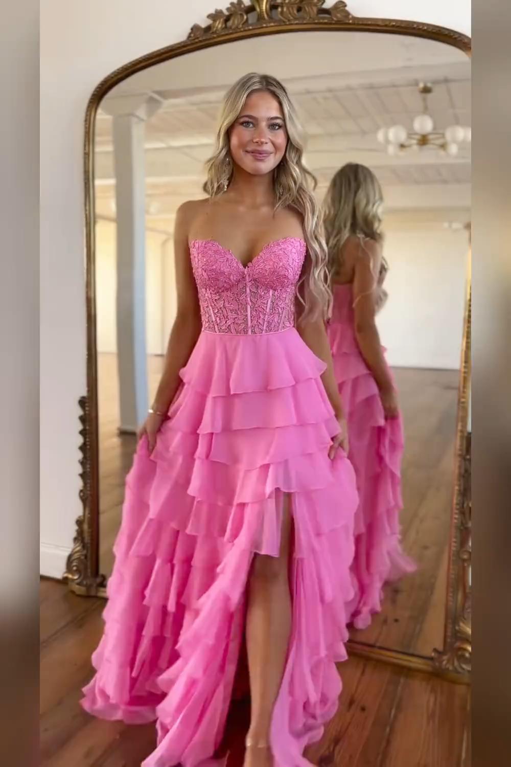 Dreamyannie Lilac Prom Dress A-Line Tiered Chiffon Long Formal Dress With Lace