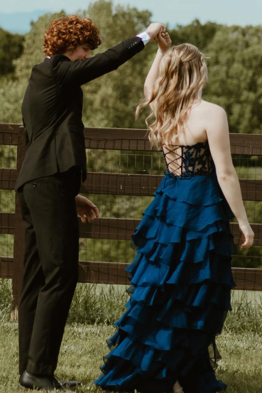 Dreamyannie Lilac Prom Dress A-Line Tiered Chiffon Long Formal Dress With Lace