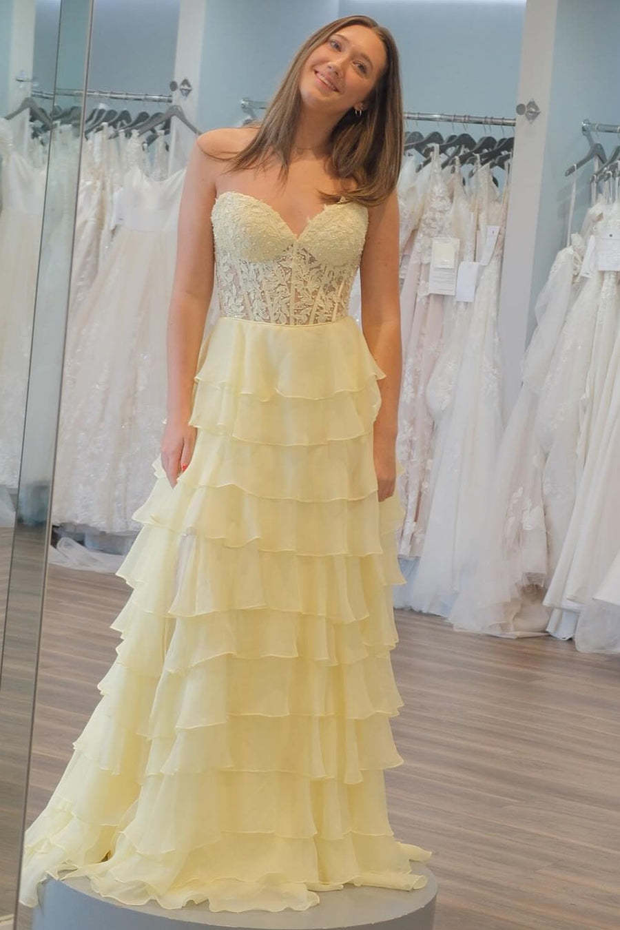 Dreamyannie Lilac Prom Dress A-Line Tiered Chiffon Long Formal Dress With Lace