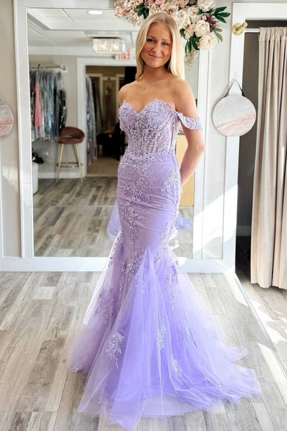 Dreamyannie Lilac Prom Dress Appliqued Off The Shoulder Tulle Formal Dress