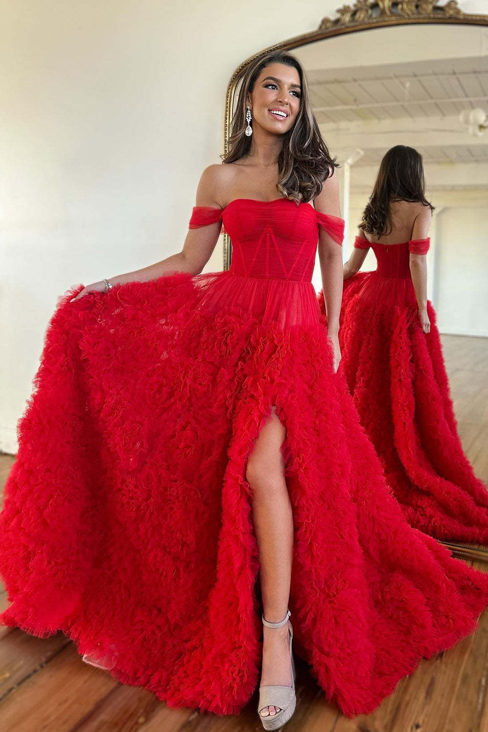 Dreamyannie Lilac Prom Dress Corset Off The Shoulder Ruffled Long Formal Dress With Slit