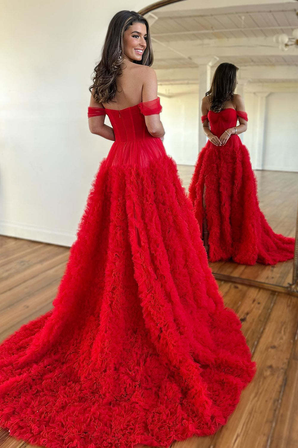 Dreamyannie Lilac Prom Dress Corset Off The Shoulder Ruffled Long Formal Dress With Slit