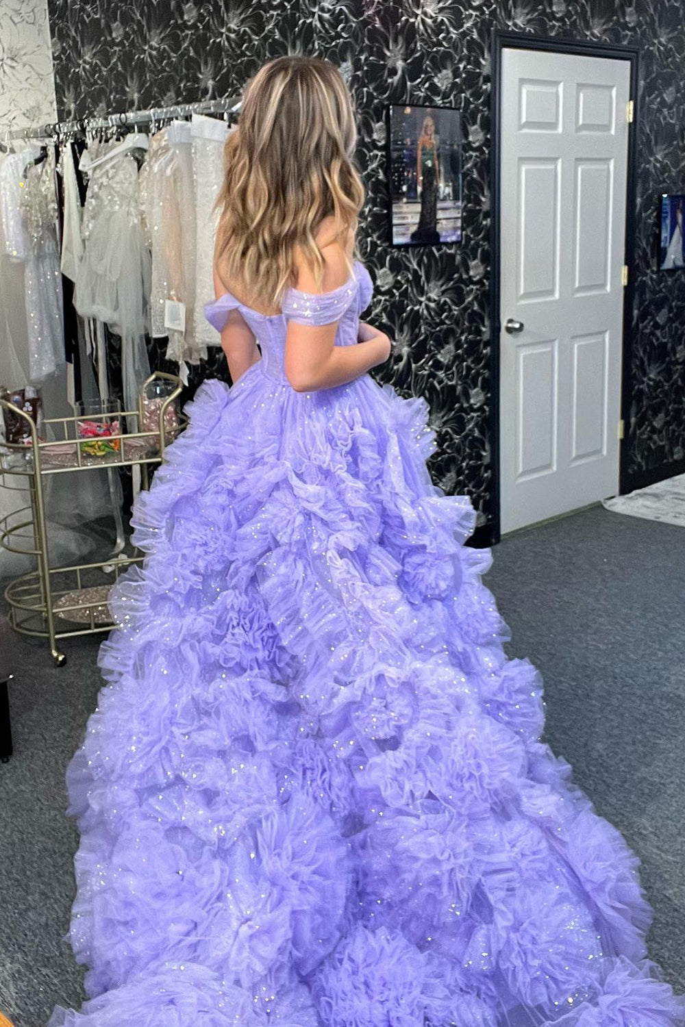 Dreamyannie Lilac Prom Dress Corset Off The Shoulder Ruffled Long Formal Dress With Slit