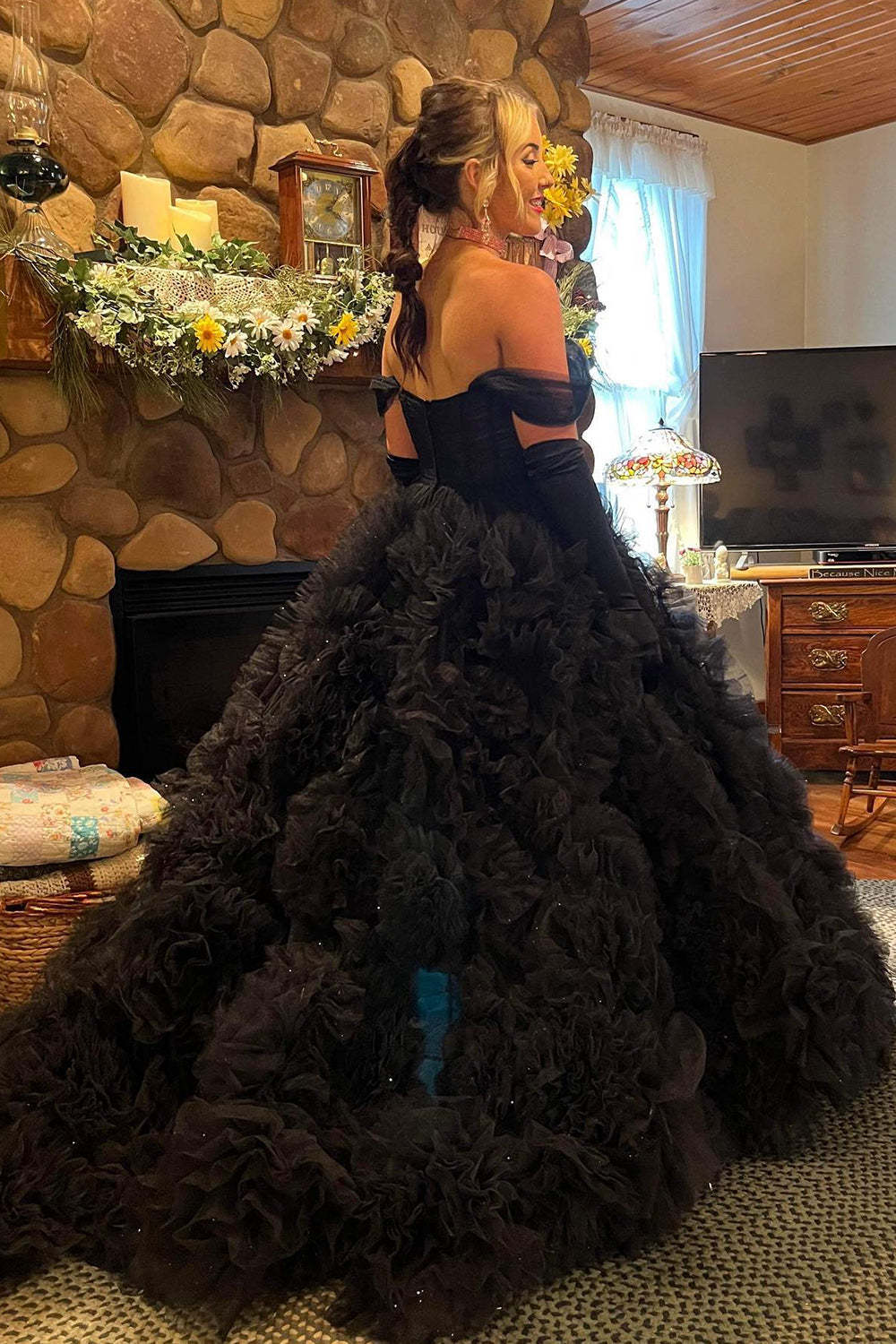 Dreamyannie Lilac Prom Dress Corset Off The Shoulder Ruffled Long Formal Dress With Slit