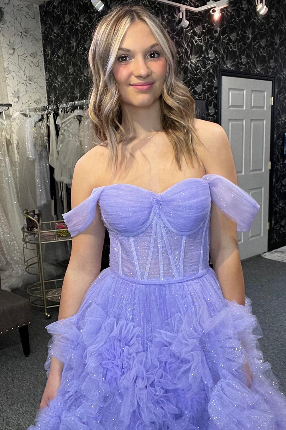 Dreamyannie Lilac Prom Dress Corset Off The Shoulder Ruffled Long Formal Dress With Slit