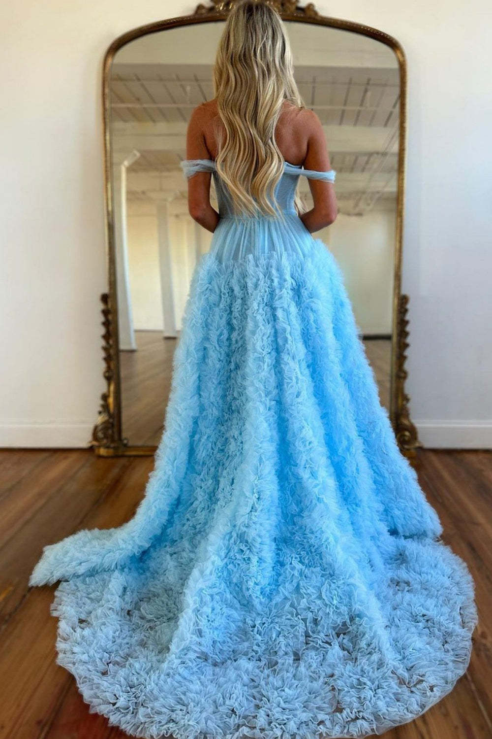 Dreamyannie Lilac Prom Dress Corset Off The Shoulder Ruffled Long Formal Dress With Slit