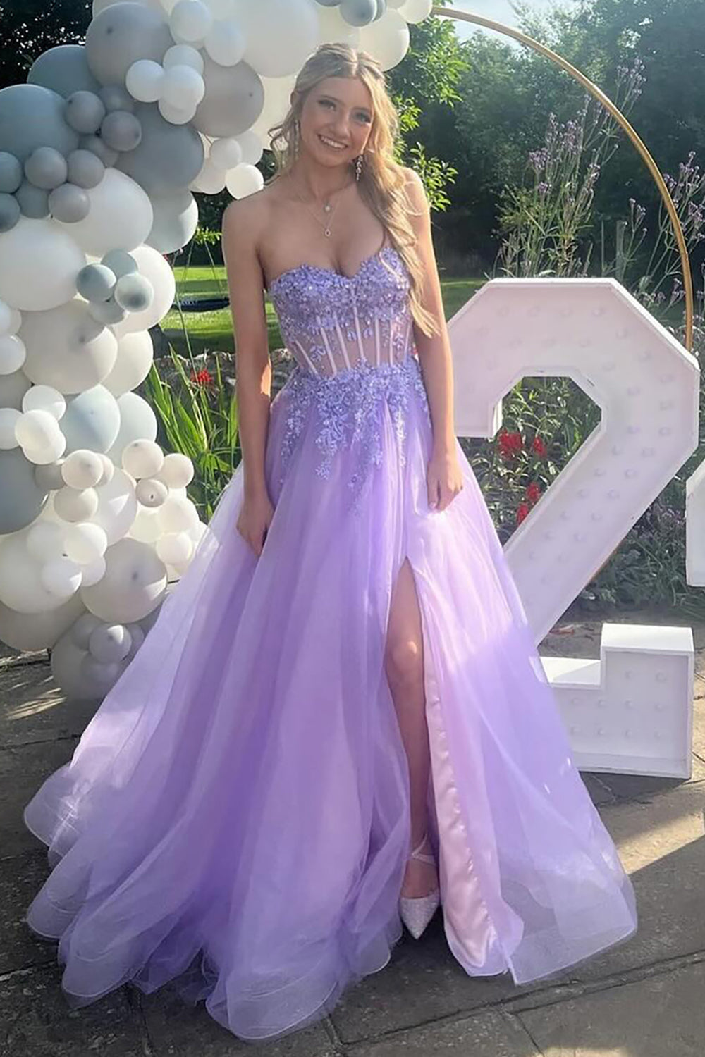 Dreamyannie Lilac Prom Dress Floral A-Line Sweetheart Long Formal Dress With Slit
