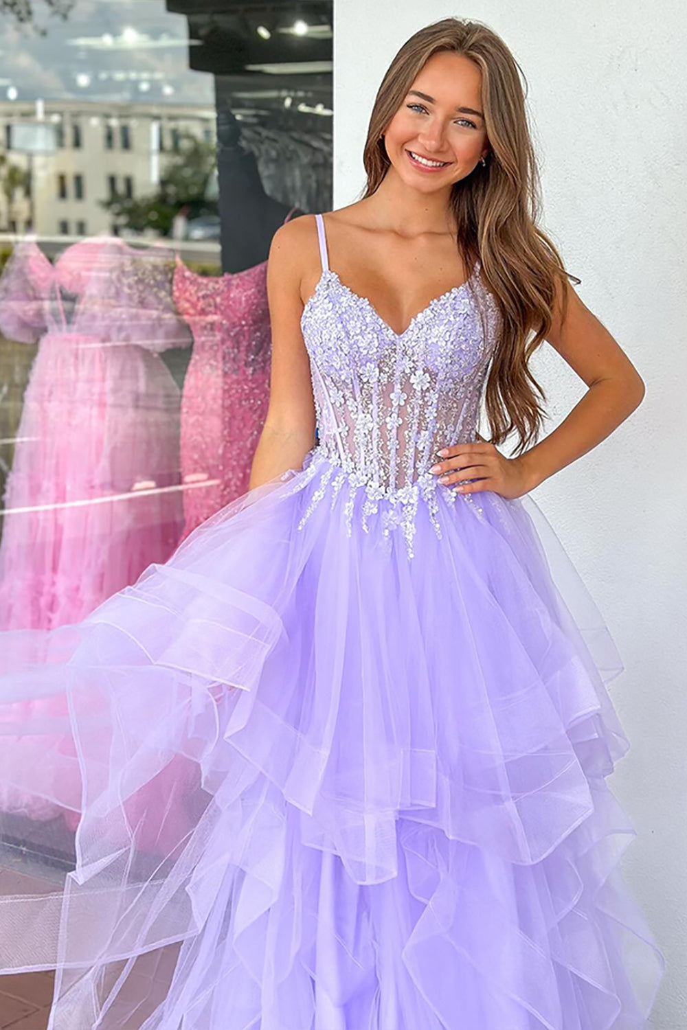 Dreamyannie Lilac Prom Dress Floral Corset Ruffled Tiered Long Pageant Dress