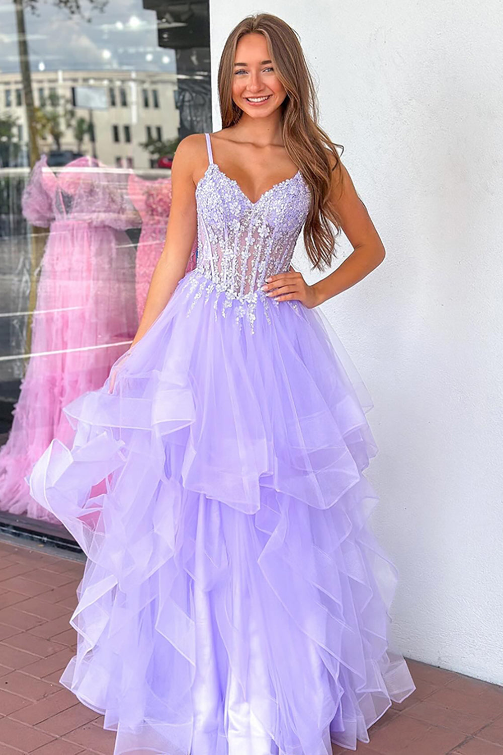 Dreamyannie Lilac Prom Dress Floral Corset Ruffled Tiered Long Pageant Dress