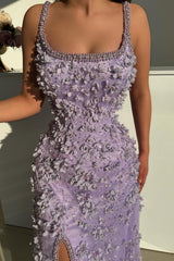 Dreamyannie Lilac Prom Dress Mermaid Spaghetti Strap Slit Floor Length Formal Dress With Pearls And 3D Flowers
