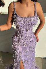 Dreamyannie Lilac Prom Dress Mermaid Spaghetti Strap Slit Floor Length Formal Dress With Pearls And 3D Flowers